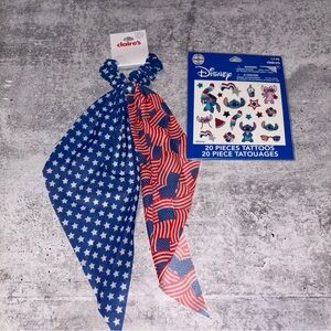 Claire’s American Flag 4th of July Hair Scrunchie & 20 Disney Stitch Tattoos NEW